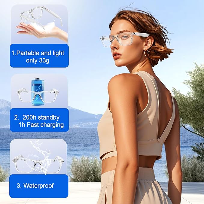 Smart Glasses for Women and Men with Chat GPT, Bluetooth Translation Glasses with 164 Languages, Open Ear Audio with Mic & Speakers, Hands-Free Calls, UV Protection & Anti-Blue Light