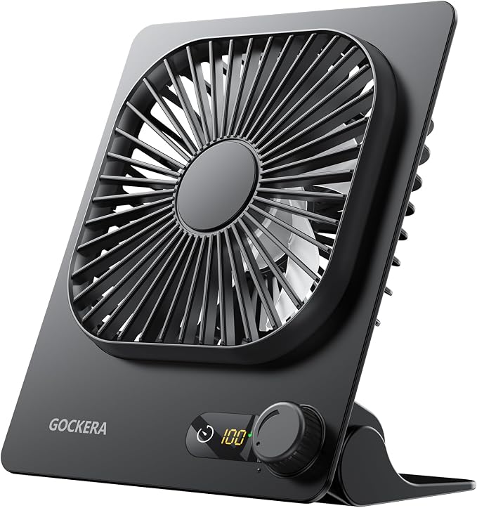 GOCKERA Desk Fan, 6.61''Ultra-thin Battery Powered Fan with Powerful Wind,100 Speeds Adjustable&Digital Display,Timer,Ultra-quiet Small Portable Fan for Bedroom,Office,Travel (Black, 2000mAh)
