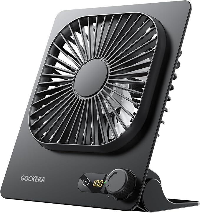 GOCKERA Desk Fan, 6.61''Ultra-thin Battery Powered Fan with Powerful Wind,100 Speeds Adjustable&Digital Display,Timer,Ultra-quiet Small Portable Fan for Bedroom,Office,Travel (Black, 5000mAh)