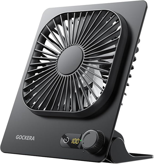 GOCKERA Desk Fan, 6.61''Ultra-thin Battery Powered Fan with Powerful Wind,100 Speeds Adjustable&Digital Display,Timer,Ultra-quiet Small Portable Fan for Bedroom,Office,Travel (Black, 5000mAh)