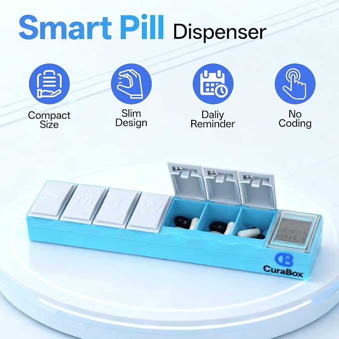 Weekly Medicine Pill Organizer with Alarm BPA Free 7-Day Travel Pill Dispenser with Auto-Learning Habit Sensor, Clear LCD, Rechargeable, Portable, Large Compartment for Vitamin, Supplements, Fish Oil
