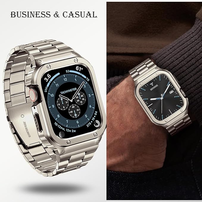 MioHHR Stainless Steel Band and Case Compatible with Apple Watch Band 42mm Series 11 10, Men Metal Protective Bumper Cover for iWatch 42mm Series 11/10, Titanium Color