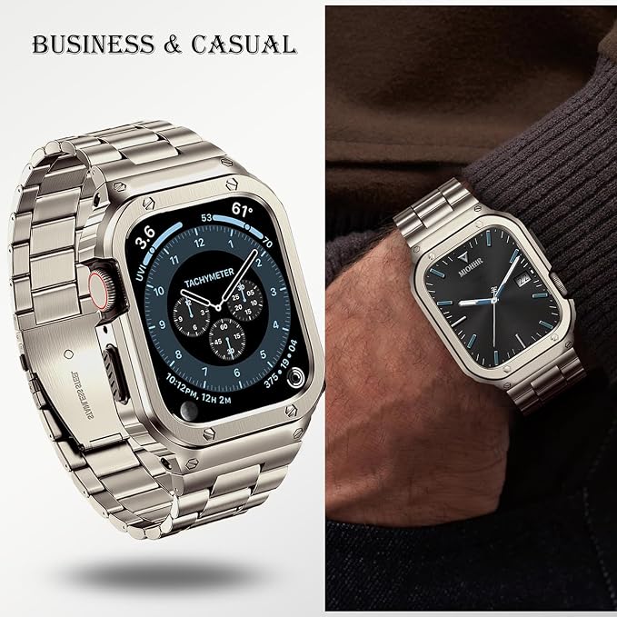 MioHHR Stainless Steel Band and Case Compatible with Apple Watch Band 41mm 40mm 38mm, Men Metal Protective Bumper Cover for iWatch Series 9/8/7/6/5/4/3/2/1/SE/SE2/SE3, Silver Pattern