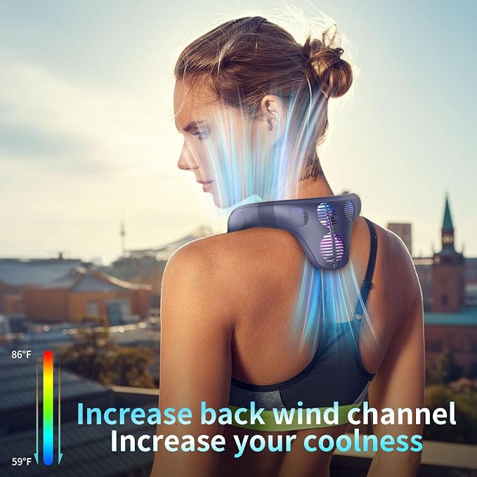 Neck Fan Back-Windy 6000mAh with Cooling Plate Bladeless Portable Thermo-Electric Cooler Rechargeable Camping Essentials for Women Men Outdoor Activities Gardening Walking the Dogs(Navy Blue)