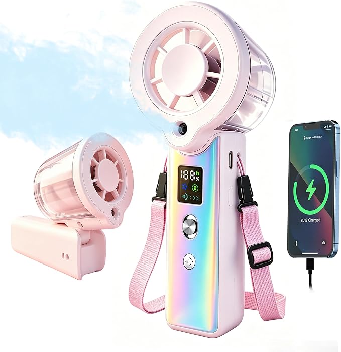 Portable Misting Fan, Handheld Rechargeable Fan with Water Mist, Personal Mini Turbo Fan with 1-100 High Speeds (20000 RPM), LED Light for Music Festival, Summer Trip Must-Haves, Holographic Pink