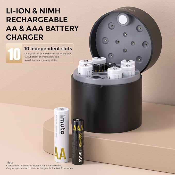 imuto Rechargeable AA and AAA Batteries with Charger, 6 Pack 3600mWh AA and 4 Pack 1300mWh AAA Li-ion Batteries 2500 Cycles, Smart Charger Compatible with Rechargeable Lithium and NiMH Battery