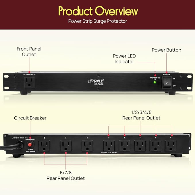 Pyle 150J Surge Protector Power Strip - 9 Outlet - 15 Amp - 1U Rack Mount with AC Filter - Heavy Duty Extension Cord - Overload Protection for Home/Office/Server Use - PCO850