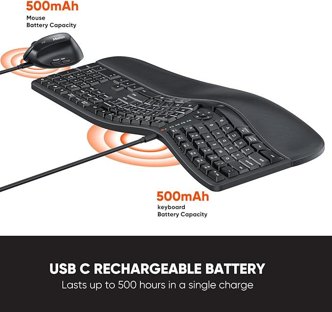 MEETION Ergonomic Keyboard and Mouse, Wireless Keyboard with Vertical Mouse, Split Curved Keyboard with Wrist Rest, Natural Typing USB Receiver Rechargeable Full Size, Windows/Mac/PC/Laptop, Large