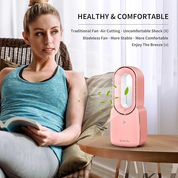 Misby Rechargeable Bladeless Desk Fan, 11.8 Inch with 5-Color LED Light, Small Quiet Table Fan for Bedroom Home Office Desk, Pink