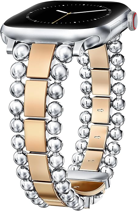 TOYOUTHS Beaded Bracelet Compatible with Apple Watch Bands 38/40/41/42/44/45/46/49mm Women, Dressy Fancy Stainless Steel Metal Elegant Jewelry Strap for iWatch Series 11 10 9 8 7 6 5 4 Ultra/SE 3 2 1