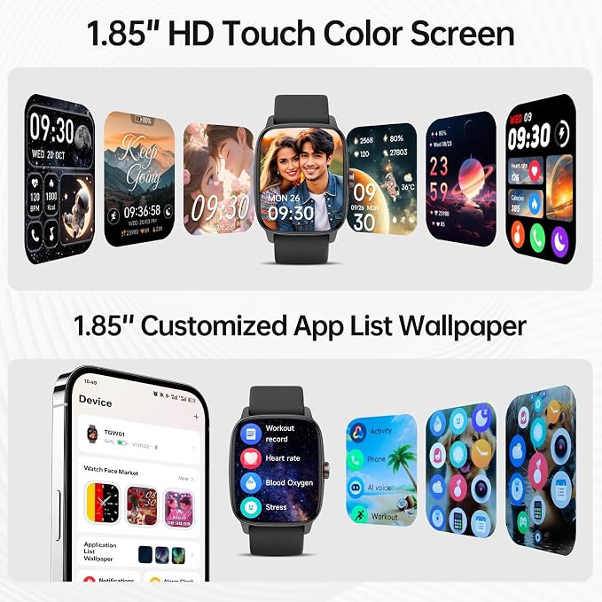 Smart Watches for Women Men with Bluetooth Call & AI Voice, 1.85" HD Fitness Tracker with Heart Rate SpO2 Sleep Monitor, 100+ Sports Modes,Mini Games, IP68 Waterproof Smartwatch for Android iOS Phones