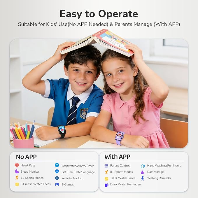 Smart Watch Kids Fitness Tracker, Kids Smart Watch with Health Monitor, Activities Track & Water/Rest/Task Reminder, IP68 Waterproof Smartwatch with Puzzle Games, Boys Gift for Birthday-Black(2 Bands)
