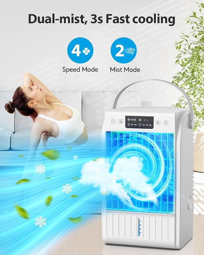 Portable Air Conditioners Fan,Evaporative Mini Room Air Conditioners,Portable AC Unit Air Cooler with 4 in 1 Humidifier Fan Conditioner with 1500ML,3 Speed AC Portable for Room Office Desk (White)