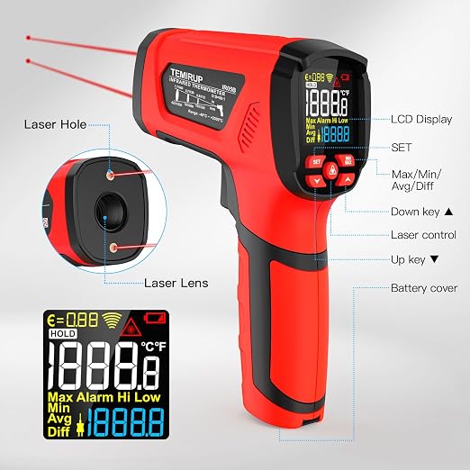 Infrared Thermometer Temperature Gun, -40℉-3632℉, Non Contact Digital Laser Thermometer Pyrometer 50:1 High Temp with Color LCD Display for Industrial HVAC Forge Metal Smelting