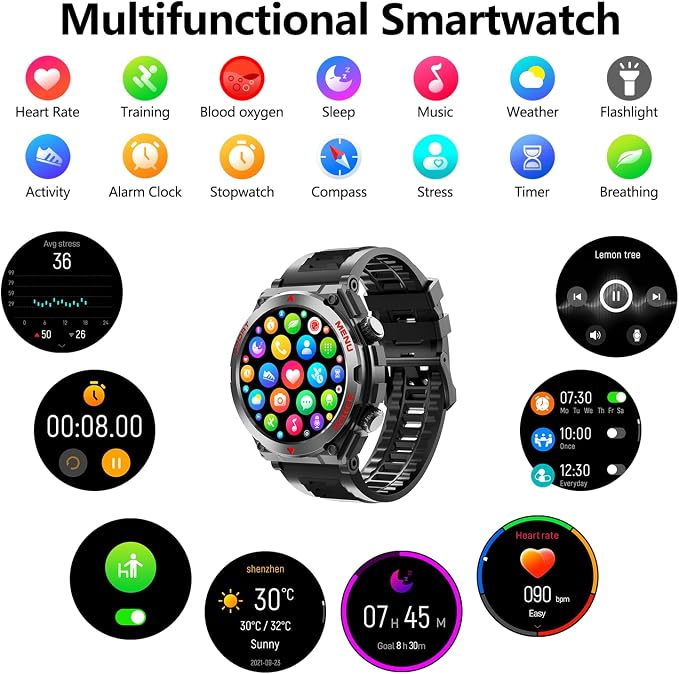 Military Smart Watch,1.52-Inch Smartwatch with Text and Call,24/7Heart Rate Sleep Monitor,Blood Oxygen,and Activity Trackers-Compatible with iPhone and Android,for Men and Women (Black up, 1.52)