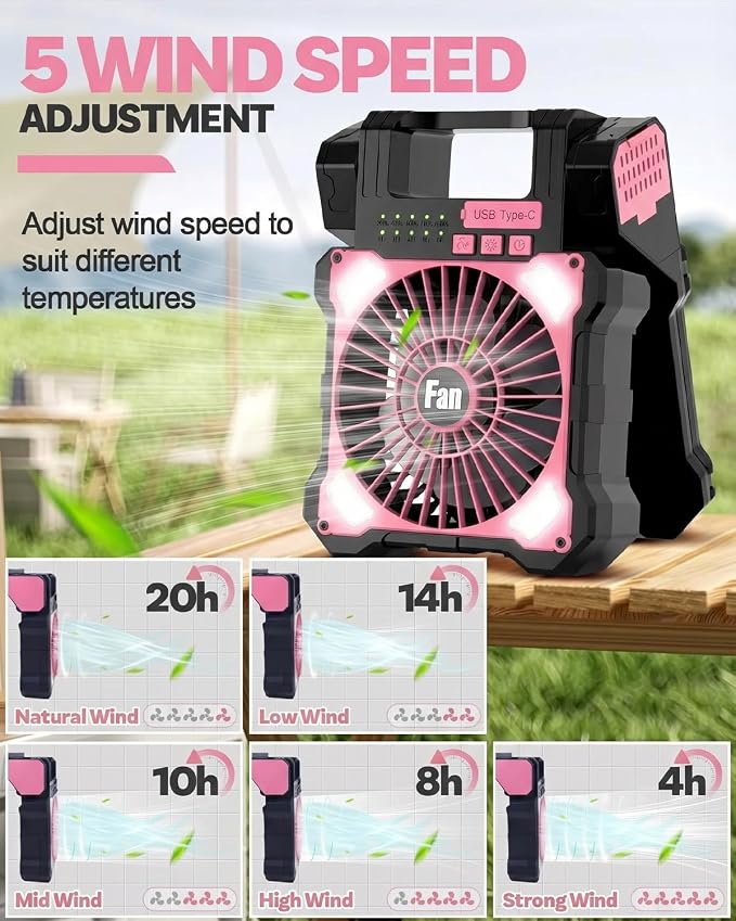 22000mAh Camping Solar Fan, Dual-Panel Rechargeable Solar Powered Fan with LED Light, 5 Adjustable Speeds Battery Powered Portable Fans, USB-C Fans for Travel Tent Home Camping Accessories