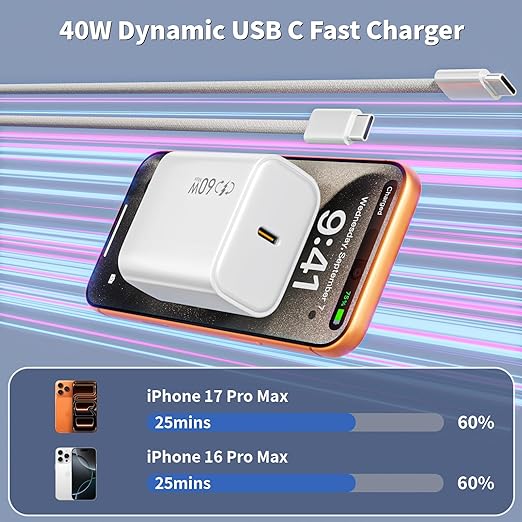 iPhone 17 16 15 Charger,2Pack 40W Dynamic Power Adapter with 60W Max,USB C Fast Charger Block 6FT Type C Woven Charging Cable Cord for iPhone 17 Pro Max/17 Pro/Air/17/16/16 Pro Max/15 Pro,iPad Pro/Air