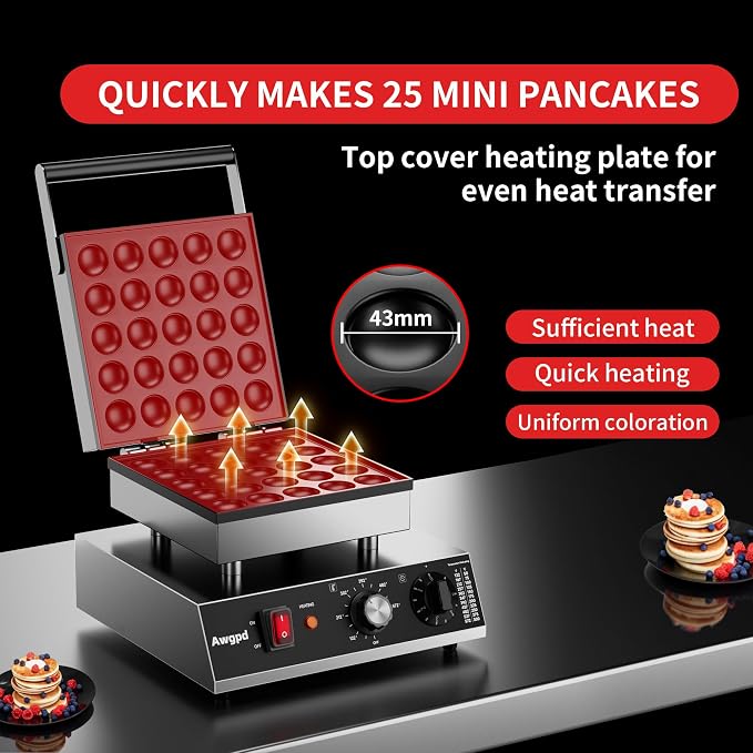 Mini Dutch Pancake Maker,25pcs Mini Pancake Maker Machine,1700W Commercial Electric Poffertjes Grill,Stainless Steel,Temp & Time Control,for Home Kitchen Restaurant,Snack,Desserts