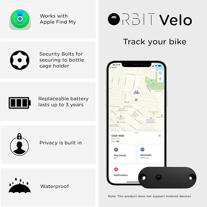 Orbit Velo - Advanced Bike Tracker with Apple Find My, Global GPS Location on iPhone, iPad, Mac & Apple Watch, Waterproof with 3 Year Battery Life, Secure Mount for Bottle Holder | item-finders