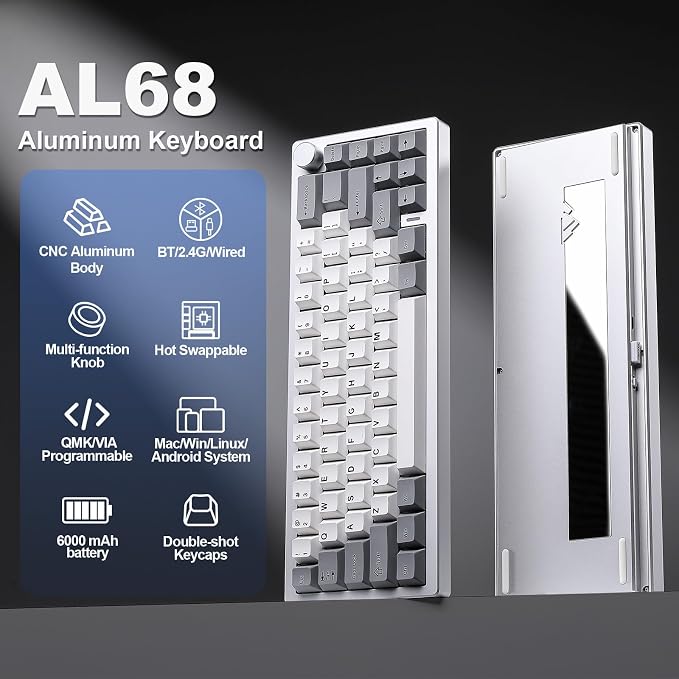 YUNZII AL68 Wireless Mechanical Keyboard,Full Aluminum CNC,60% Layout with Knob, QMK/VIA Software,Gasket Mounted,Hot Swappable,RGB Backlit,BT/2.4G/USB-C for Mac/Win (Silver, Gateron Zero)