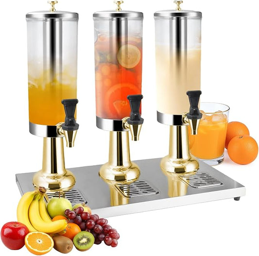 Hot and Cold Beverage Dispenser with Stand, 2.38 Gallon All-in-One Commercial Drink Dispenser with Ice Core&Stainless Steel Drip Trays for Parties, Beer Bar, Coffee (3 Head-2.38 GAL, GOLD)