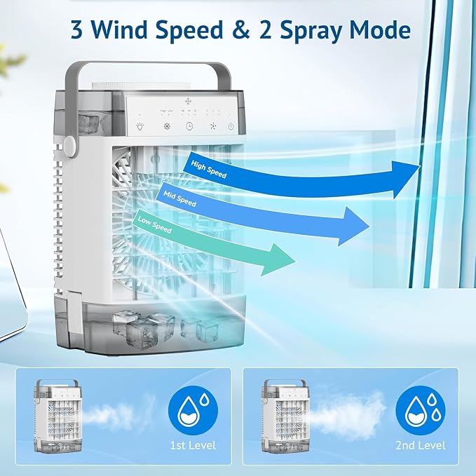 Portable Air Conditioner, Personal Evaporative Air Cooler with Dual Tank, 2 Mist Modes, 3 Wind Speed, USB Powered Desk Cooling Fan with 7-Color Mood Lighting for Office/Bedroom