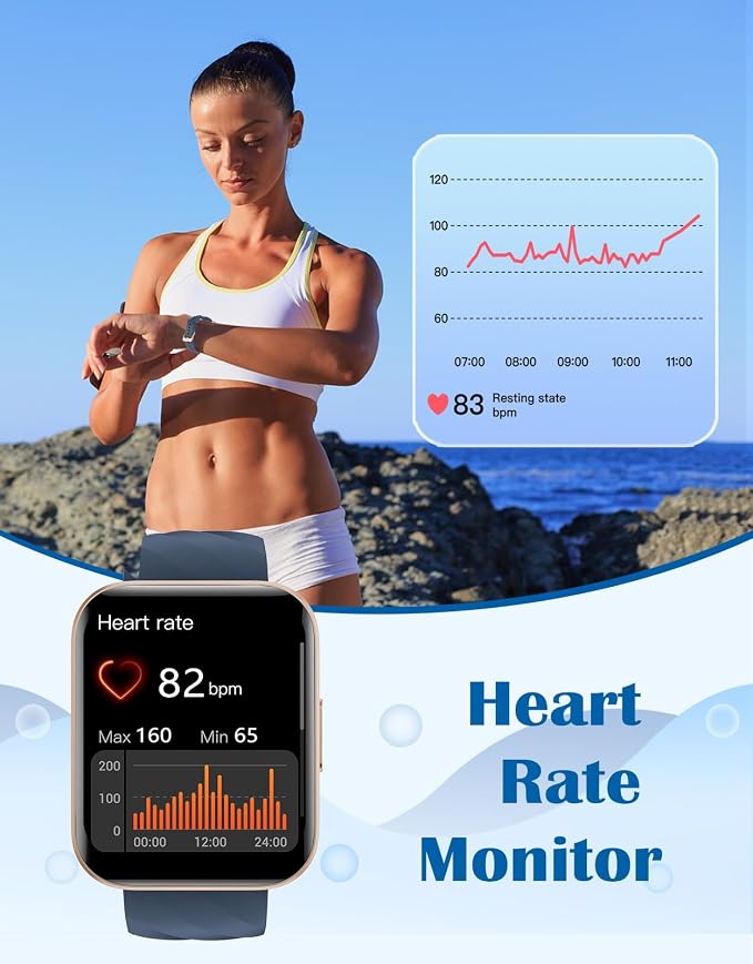 RUIMEN Smart Watches for Women Men (Answer/Make Calls) Compatible with iPhone/Android Phones, 1.85" HD Screen Fitness Tracker Heart Rate Monitor 100+ Sports Tracker Watch Waterproof (Blue)