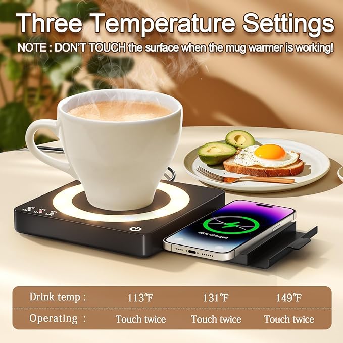 Coffee Mug Warmer, Smart Mug Warmer, 15W Wireless Phone Charging, 3 Heat Settings Temperature Controlled, 8H Auto Off, Candle Warmer, Safe for Heating Coffee, Beverage, Milk, Tea