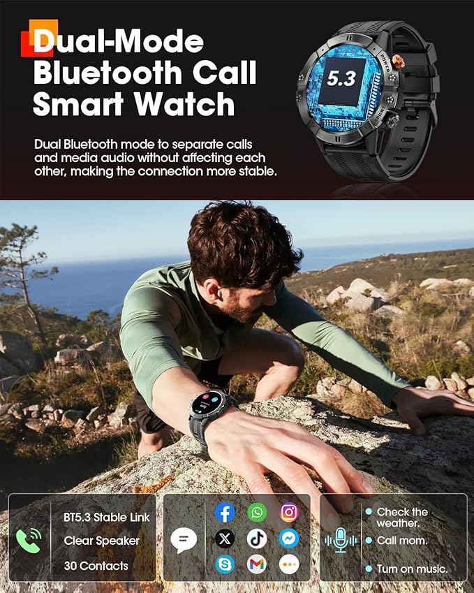 Smart Watches for Men(Waterproof/Call/Answer),Military Smart Watch with Heart Rate/Oxygen/Pressure/Sleep Monitor/124 Sports Modes, Fitness Tracker Tactical Watch for Android Phones/iPhone Black