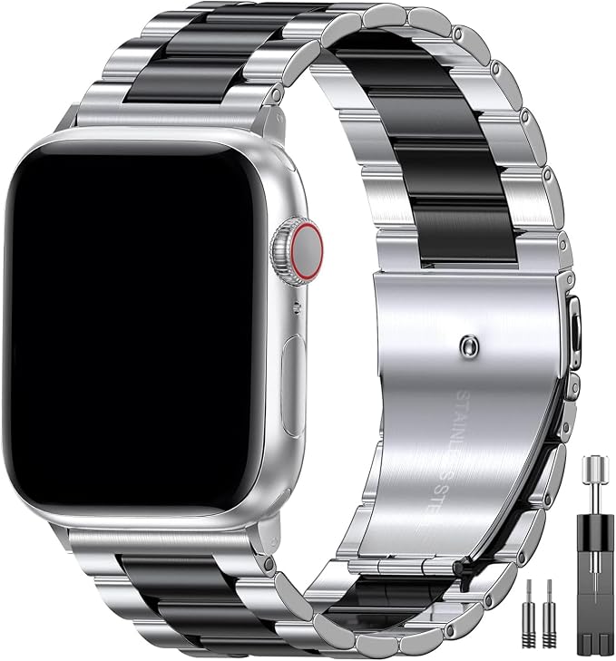 EPULY Compatible with Apple Watch Band 42mm 44mm 45mm 38mm 40mm 41mm, Business Stainless Steel Metal Wristband for iWatch SE & Series 7 6 5 4 3 2 for Men (Silver+Black, 45mm 44mm 42mm)