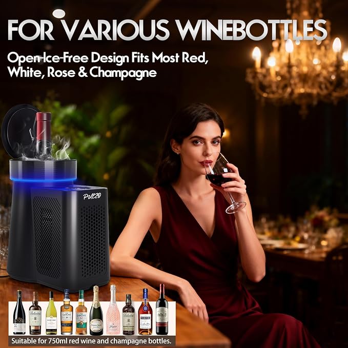 PULZO Electric Wine Chiller, 2026 Uupgraded Wine Cooler for Standard 750ml Bottles, Digital Temp Control (32°F-68°F), Low-Noise, Keeps Cold for Up to 24 Hours for Home, Patio, Yacht