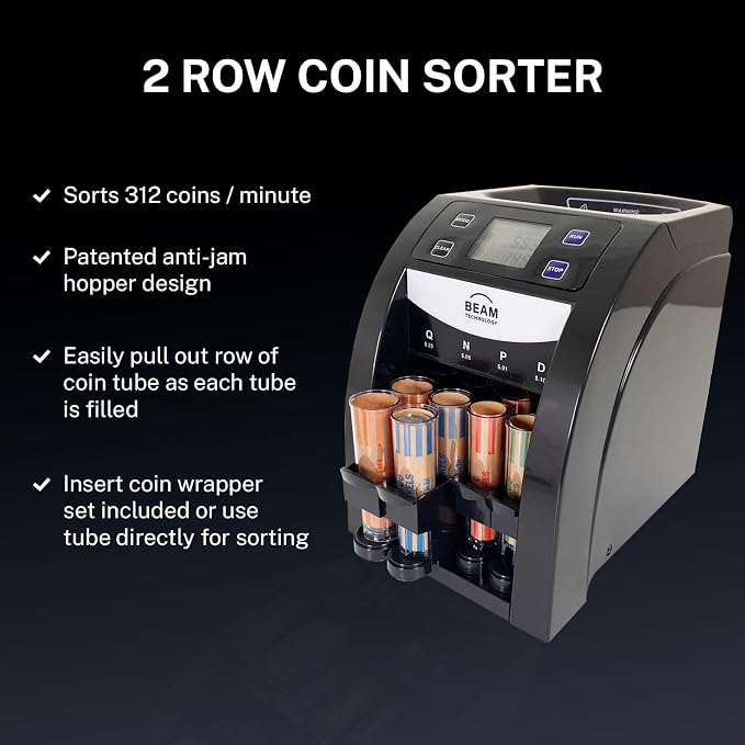 Automatic Coin Sorter and Counter with Display, 2 Row with Quick-Access Lid, Patented Anti-Jam Technology, Coin Wrapper Starter Pack Included, with Value Counting Coin Counter (CSD-2000)