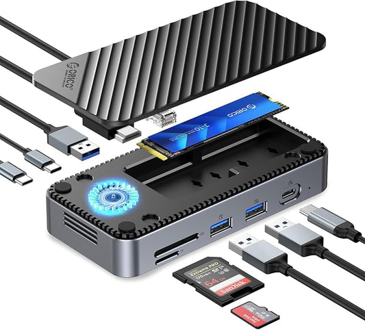 ORICO 10-in-1 USB C HUB with SSD Enclosure Built-in Cooling Fan with NVMe/SATA, HDMI 4K@60Hz,10Gbps/5Gbps USBA/C, Gigabit Ethernet, SD/TF 3.0 Ports, Compatible with Windows/Mac/Dell/HP