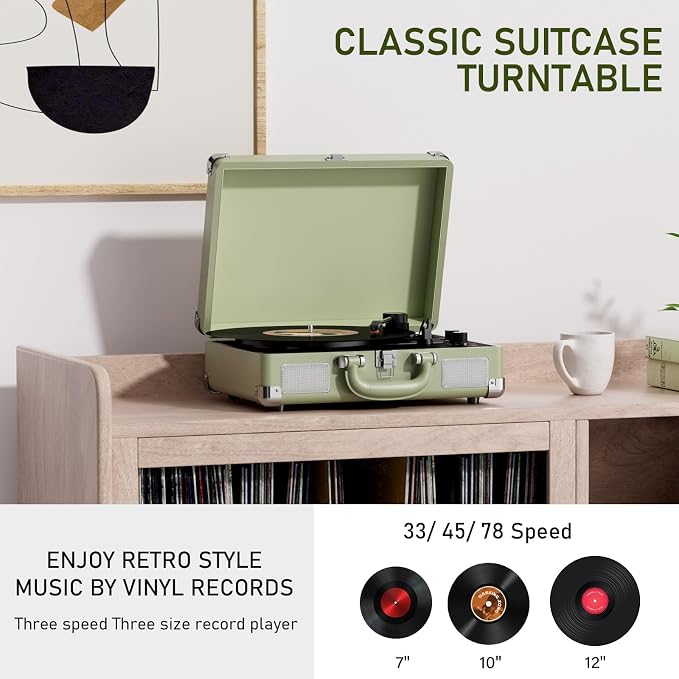 Vinyl Record Player 3-Speed Bluetooth Suitcase Portable Belt-Driven Record Player with Built-in Speakers RCA Line Out AUX in Headphone Jack Vintage Turntable,Aegean Green