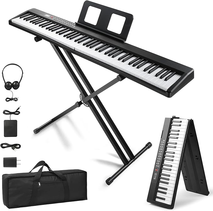 Ktaxon 88 Key Foldable Electronic Keyboard Piano Set, Semi-Weighted Electric Piano Digital Piano with Dual X Stand, 2 Bluetooth Mode, 1000 Rhythms, 1000 Tones and 50 Demos for Beginners Adults(Black)