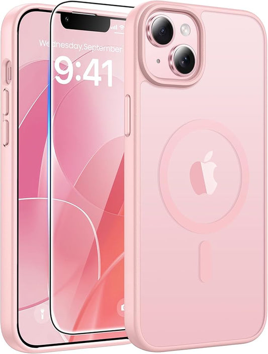FNTCASE for iPhone 15 Plus Case: for iPhone 14 Plus Case [Compatible with Magsafe] Translucent Matte Cases with [Screen Protector] Military Grade Shockproof Protective Phone Cover - Light Pink