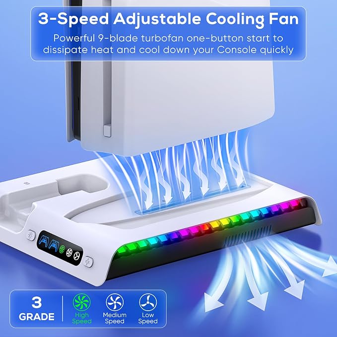 FASTSNAIL Charging Stand with Cooling Fan for PS5 Original/Slim/Pro, Dual Controller Charger Station with 9 RGB Lights, Headset Hook, 3 Cooler Fans and LED, Accessories Kit for PS5/Slim/Pro Console