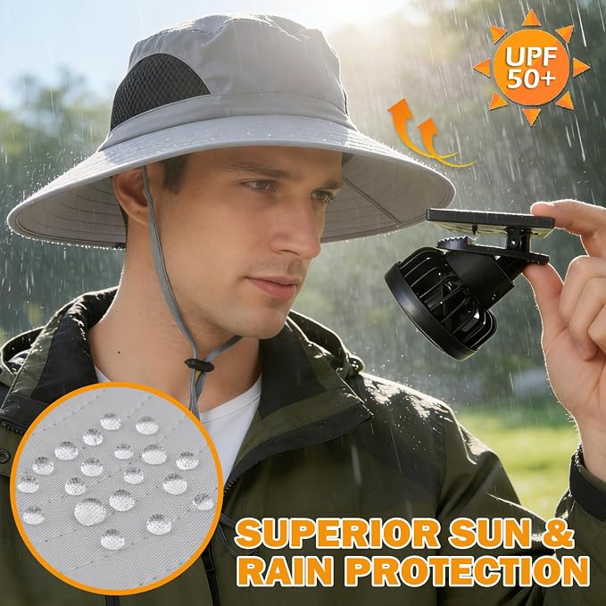 Wide Brim Sun Bucket Hat with 2 Solar Powered Fan for Men & Women | Waterproof & UPF 50+ Sun Protection Hat with Dual-Power Clip-On Cooling Fans for Outdoor Hiking Fishing Gardening