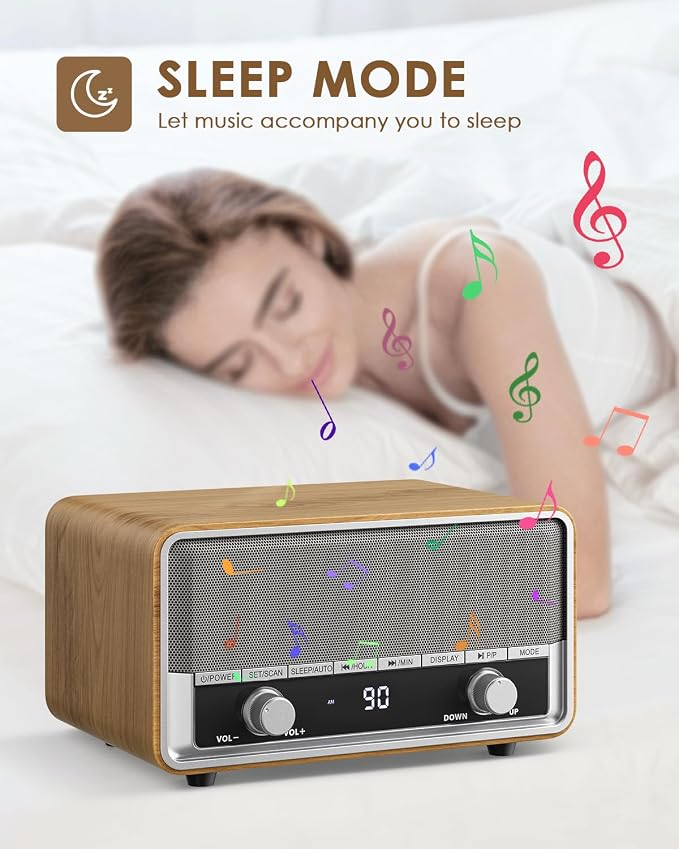 Vintage Wood AM FM Bluetooth Radio Plug in Wall, Digital Radio with Time Display | No Alarm | Sleep Timer |40 Presets, Retro Bluetooth Speaker for Office, Kitchen (Light Walnut)