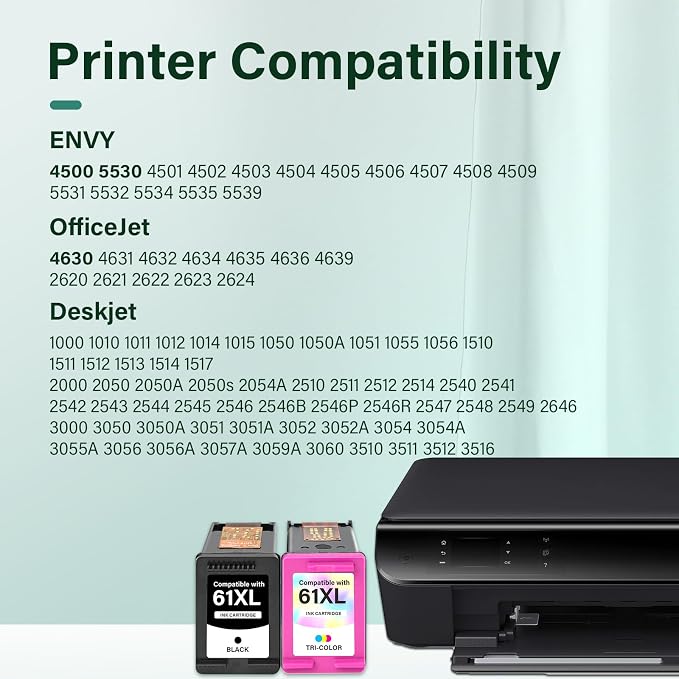 61XL 61 4500 5530 Ink Cartridge for HP Printers Replacement for HP61 Ink 61 XL Black and Color Combo Pack for Envy 4500 5530 4502 OfficeJet 4630 DeskJet 2540 Printer (1 Black, 1 Tri-Color, 2-Pack)