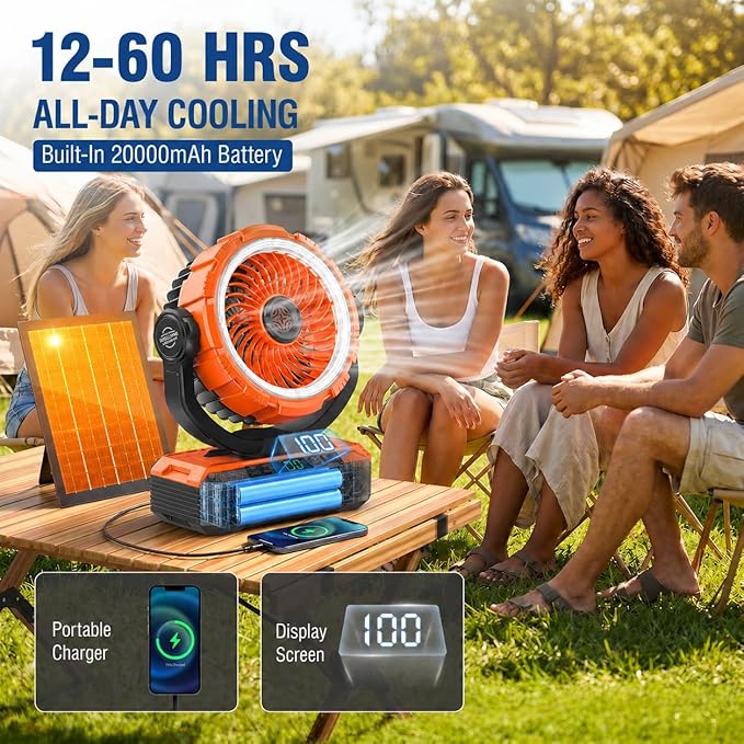 Rechargeable Solar Powered Camping Fan & Auto Oscillating, 【60H Runtime】Battery Powered Fan, Portable Outdoor Fan,5 Speeds,3 Lights,12H Timer for Travel, Fishing,Jobsite,Beach,Camping Essential