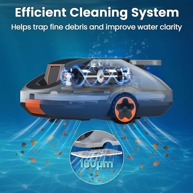 Robotic Pool Cleaner, Cordless Pool Vacuum for Above Ground & Inground Pools, 200mins Runtime Automatic Pool Vacuum Robot for Leaves & Dirt, Powerful Suction up to 2500 sq.ft, Self Parking-Orange