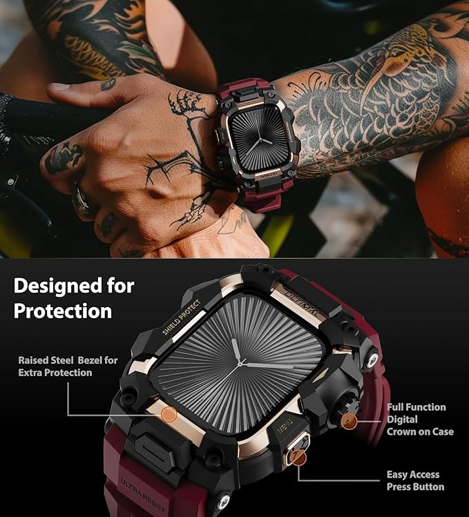 ULTIMAL Rugged Case with Band for Apple Watch 46mm,Compatible with Apple Watch Series 11/10, Military Grade Shockproof Bumper Cover for iWatch Tactical Band Men (46mm,Red)