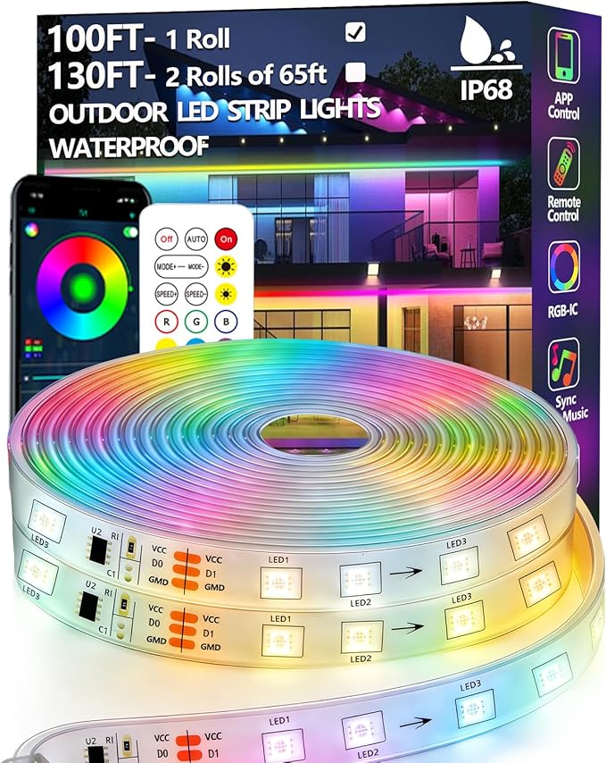 100FT Outdoor LED Strip Light Waterproof,IP68 Outside RGB+IC Light Strip with App/Remote Control,Chase Mode,Music Sync Light for Balcony,Deck,Rooftop,Garden,Pool