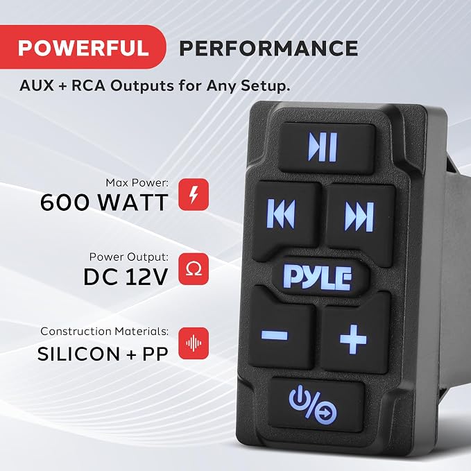 Pyle Rocker Switch Wireless BT Audio Controller, Waterproof Rated Marine Receiver Remote Control for Car, Truck, Boat, 4x4, PowerSport Vehicles, Connect and Stream Audio from External Devices