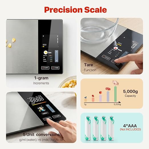 Smart Food Scale with Nutritional Calculator for Kitchen Tracks Calories, Fat, Carbs, Protein & Works with App for Healthy Eating Meal Prep, 50+ Foods & 23 Nutrients Built-in, TFT Display