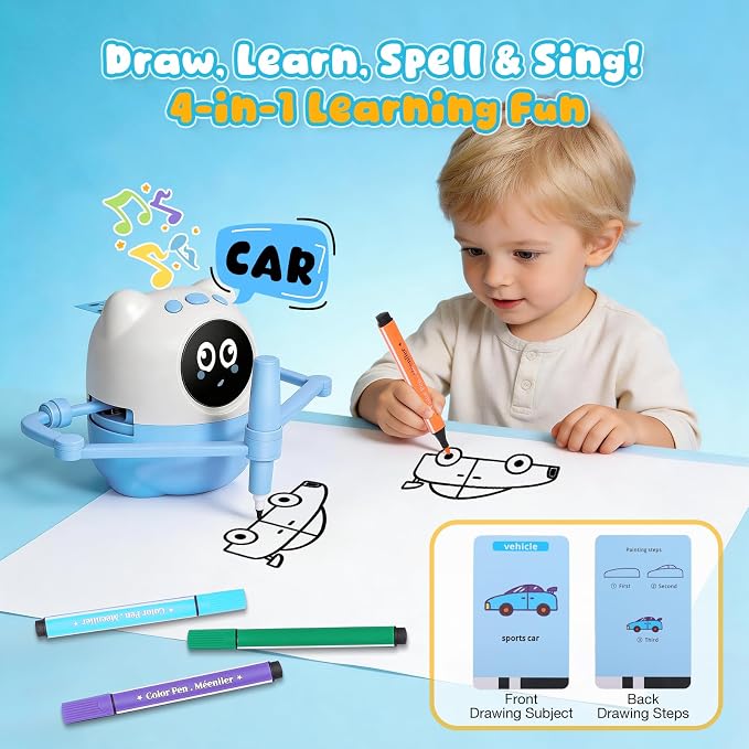 Drawing Robot for Kids, Montessori Interactive Learning Toy with 150+ Cards, Step-by-Step AI Art Tutor for Toddlers 3-8, Screen-Free Educational Gift, Spell & Draw Supplies for Boys Girls