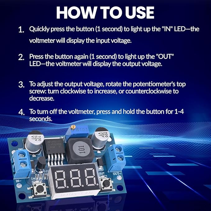 LM2596 Adjustable DC-DC Step-Down Buck Converter Module with LED Voltmeter Display, Voltage Regulator 4.0-40V Input to 1.25-37V Output Power Supply Module