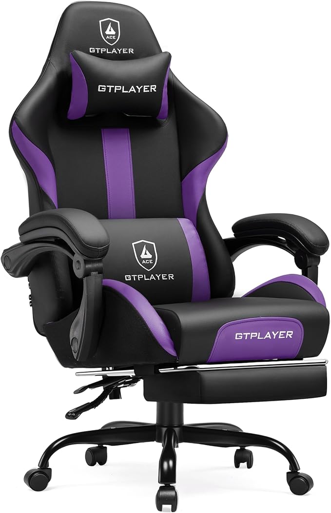 GTPLAYER Gaming Chair with Foot Rest & Pocket Spring Cushion, Ergonomic High Back Computer Chair with Headrest & 360°-Swivel Seat for Home Office Desk, PU Leather, Purple