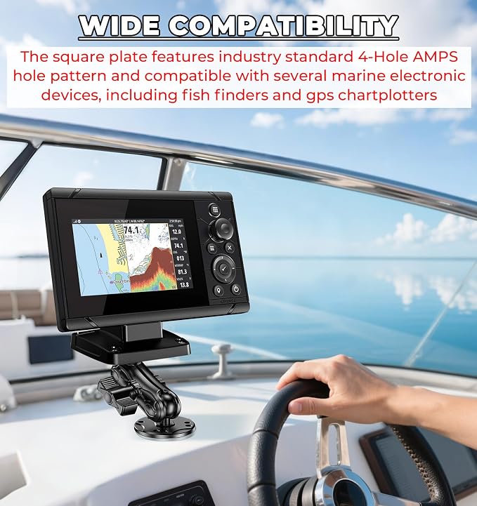 VAZESWIN Aluminum Alloy 1" Ball Fish Finder Mount with Industry Standard AMPS 4-Hole Square Plate & Round Base, 3.5" Medium Arm Marine Electronic Mount Fit for Garmin GPS Lowrance Simrad RAM Mounts